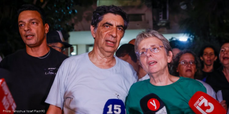 Family members of Lt. Hadar Goldin, whose body had been held by Hamas in the Gaza Strip since 2014 and was returned to Israel today as part of a deal with Hamas, hold a press conference outside their home in Kfar Saba, November 9, 2025