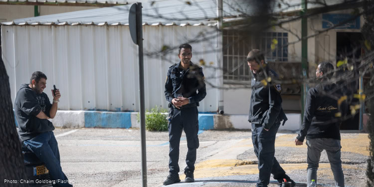 Police outside the UNRWA center in Jerusalem, as part of a raid on the center, December 08, 2025.