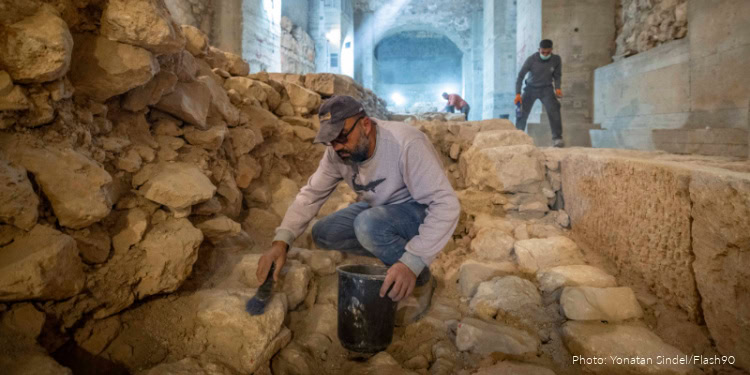Workers at an excavation in the Kishle at the Tower of David Museum in Jerusalem’s Old City, where an impressive section of the city’s Hasmonean wall was uncovered during an Israel Antiquities Authority excavation, December 8, 2025. Photo by Yonatan Sindel/Flash90