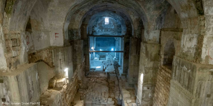 Workers at an excavation in the Kishle at the Tower of David Museum in Jerusalem’s Old City, where an impressive section of the city’s Hasmonean wall was uncovered during an Israel Antiquities Authority excavation, December 8, 2025