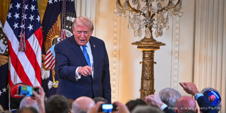 U.S. President Donald Trump attends a Hanukkah reception in the East Room of the White House in Washington, D.C., on December 16, 2025.