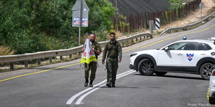 A temporary military road block near Rosh HaNikra, Northern Israel, after three civilians were wounded in a Hezbollah drone attack in the area. May 14, 2026.