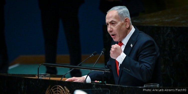 Israeli Prime Minister Benjamin Netanyahu speaks at the United Nations in New York City, September 24, 2026. Photo by Arie Leib Abrams/Flash90