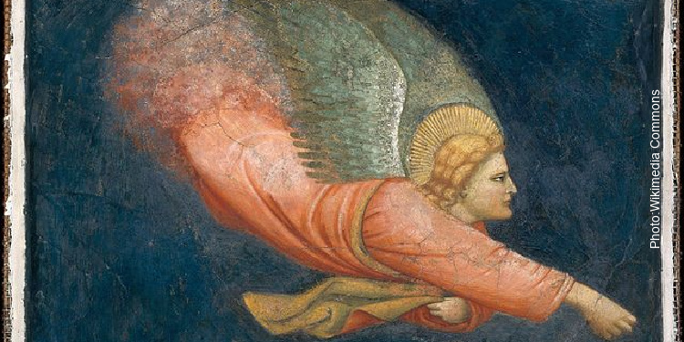 Angel flying painting with blue background