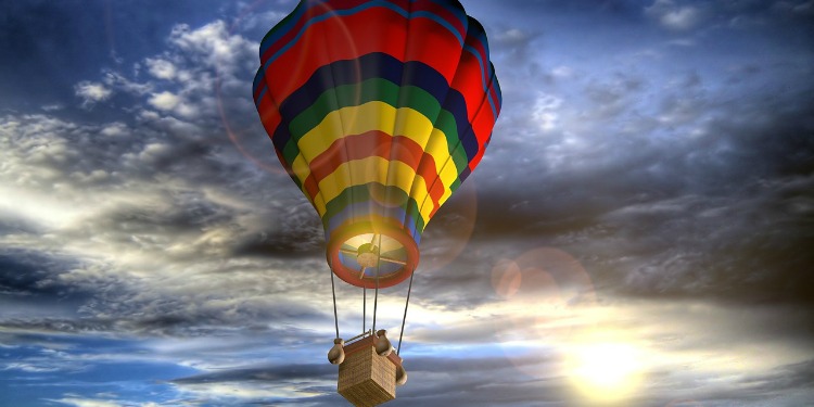 AI image of a hot air balloon floating through the air.