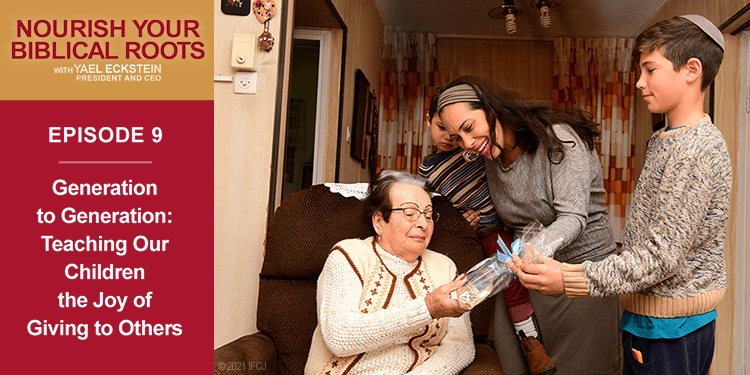 Yael and her sons giving a gift to a Holocaust survivor during Hanukkah