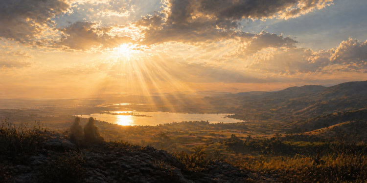 Beautiful sunrise over a scenic landscape with rolling hills, a lake, and lush greenery, symbolizing hope, new beginnings, and renewal in the context of faith and community.