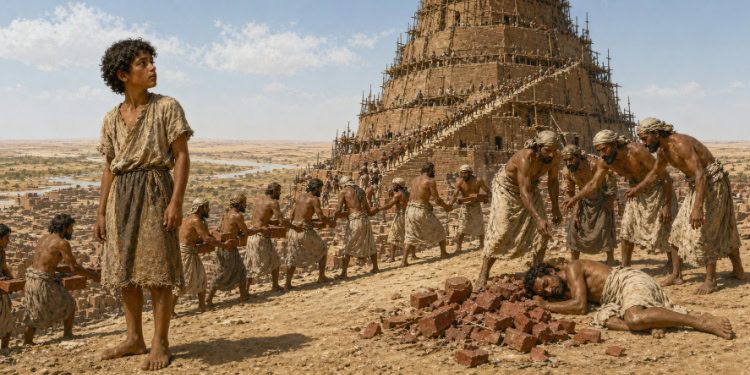 Group of children and adults working together to build a large brick structure in a rural setting, symbolizing hope, teamwork, and resilience.