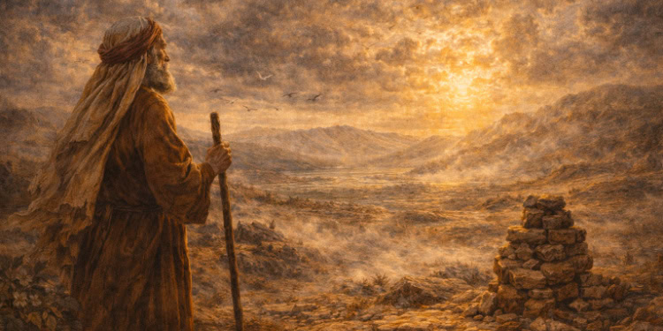 A biblical scene depicting a man with a staff overlooking a vast, sunlit landscape symbolizing faith and promise in the land of Israel.