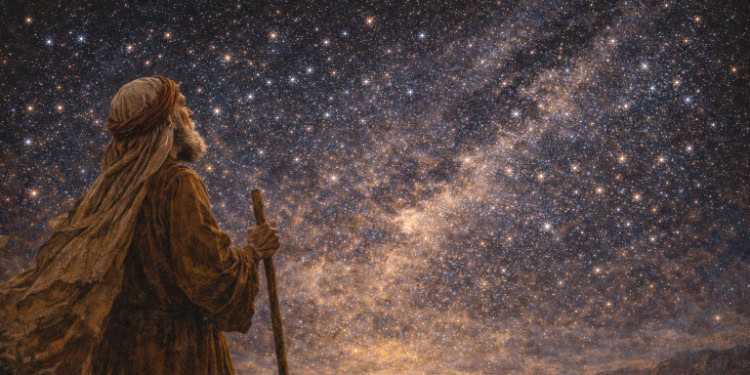 A man gazing at the night sky filled with countless stars, symbolizing hope and faith.