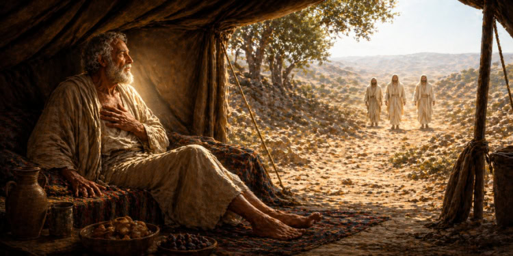 An elderly man sitting inside a tent, engaging in a heartfelt moment with three visitors walking towards him in a desert landscape, highlighting kindness and outreach.