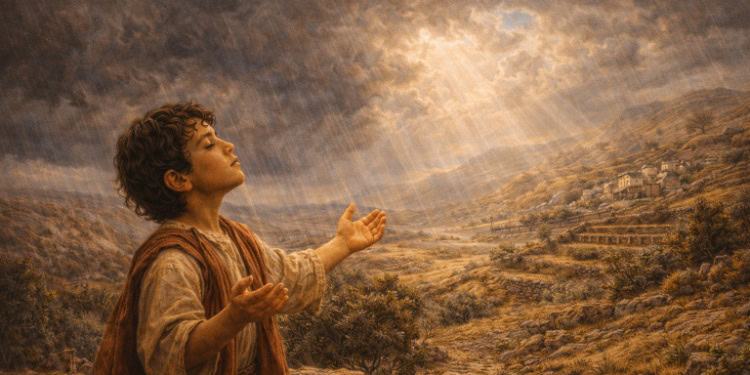 Young boy praying with uplifted hands in a dry, mountainous landscape during sunset, symbolizing hope and faith for rain and blessings.