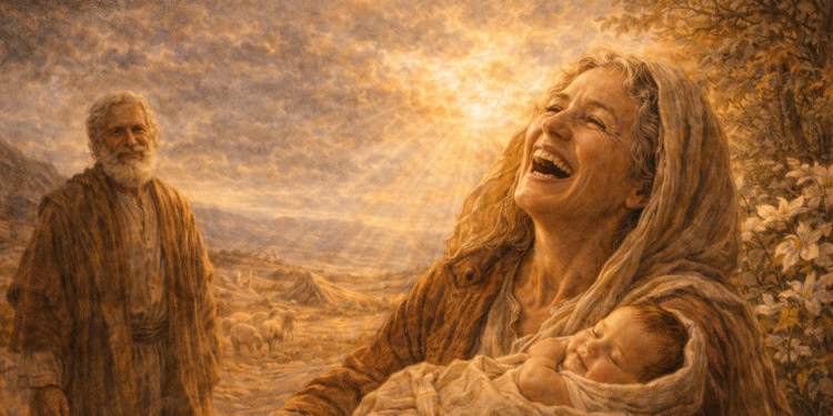 Woman with long curly hair laughing joyfully while holding a baby, with an elderly man in the background, symbolizing hope and renewal in Israel.
