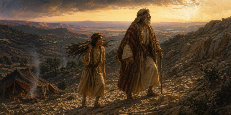 Biblical scene of a man and a child ascending a hill at sunset, symbolizing faith and spiritual journey, with a landscape of mountains and a tent in the background.