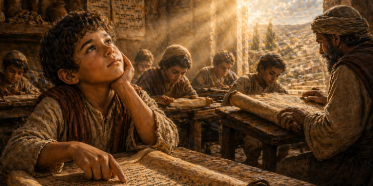 Children studying and listening attentively in a classroom with sunlight streaming in.