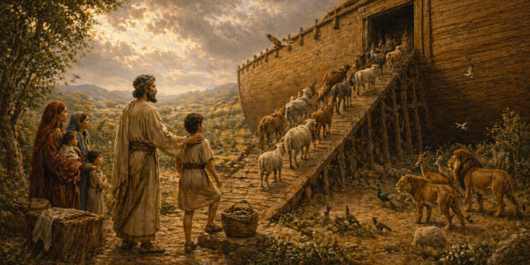 A biblical scene depicting Noah's Ark with animals boarding via a wooden ramp, symbolizing faith and trust in divine guidance.