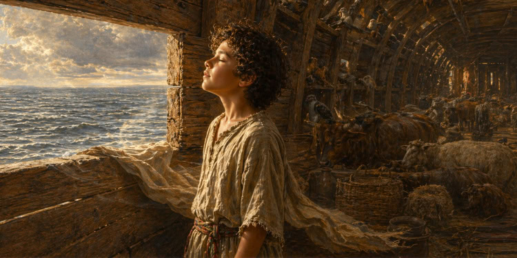 Woman with curly hair gazing out of a ship's window at sunset, symbolizing hope, faith, and renewal inspired by God's breath, with a background of the sea and a rustic ship interior.