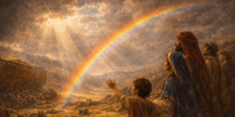 Rainbow arching over a cloudy sky with sunlight breaking through, creating a vibrant and hopeful scene.