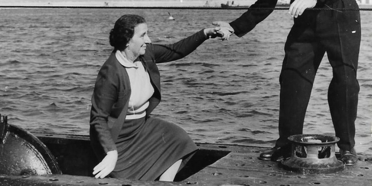 Golda Meir aboard an Israeli submarine, 1959