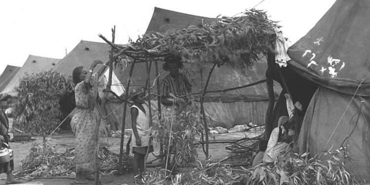 Yemenite Jewish family of olim build sukkah for Sukkot, Israel, 1950