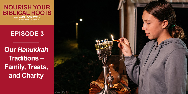 Yael Eckstein's daughter lighting a menorah in a Nourish Your Biblical Roots promo.
