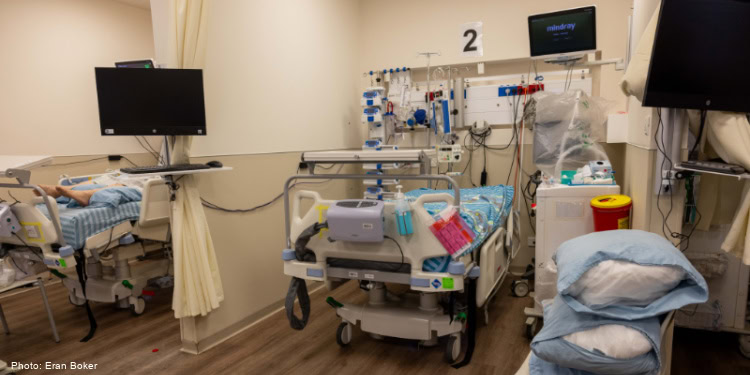 HaEmek Medical Center Underground Fortified Emergency Room Launch Ceremony, September 30, 2024, Afula, Israel, hospital room or bay, medical equipment, screen, computer, pillows, person in next room partially in view