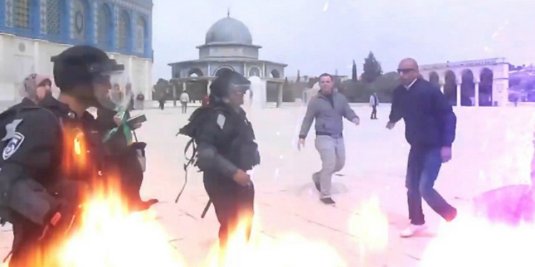 Two policemen putting out a fire from a large protest.