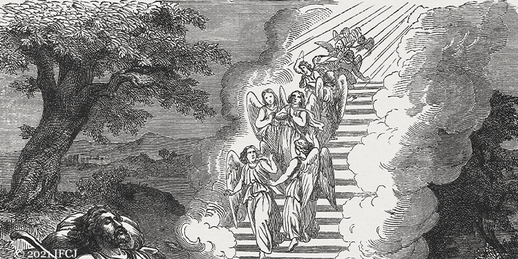 Drawing of a man sleeping at a rock and angels coming down from a stairway from heaven.