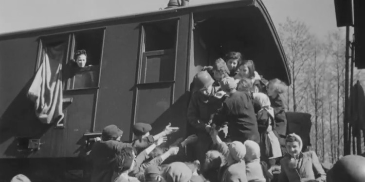Americans liberating train of Holocaust survivors, 1945
