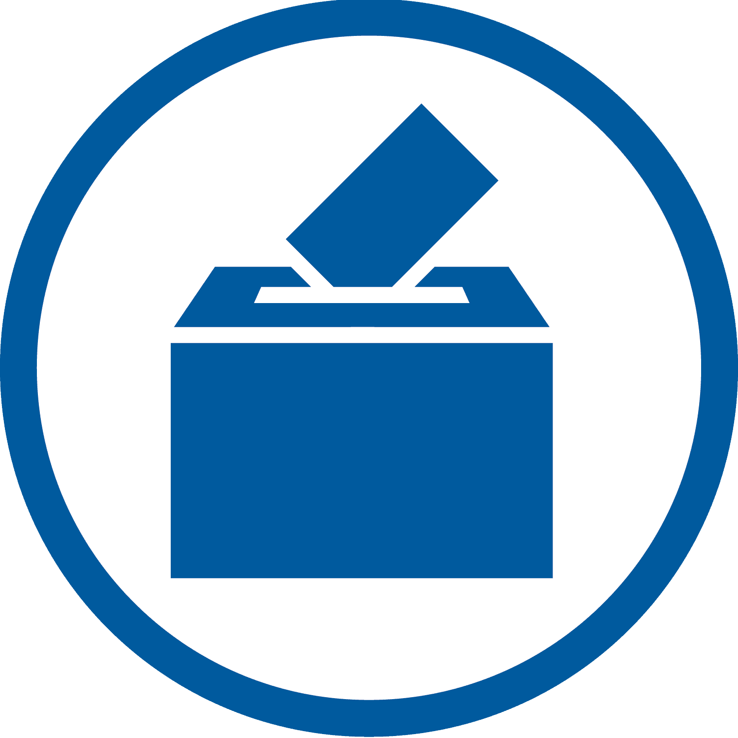 Icono sencillo de una urna azul en la que se está introduciendo una papeleta, que representa la votación y las elecciones.