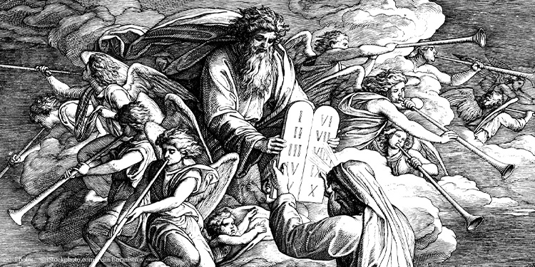 Illustration of G-d giving the Ten Commandments to Moses as angels are blowing horns beside him.
