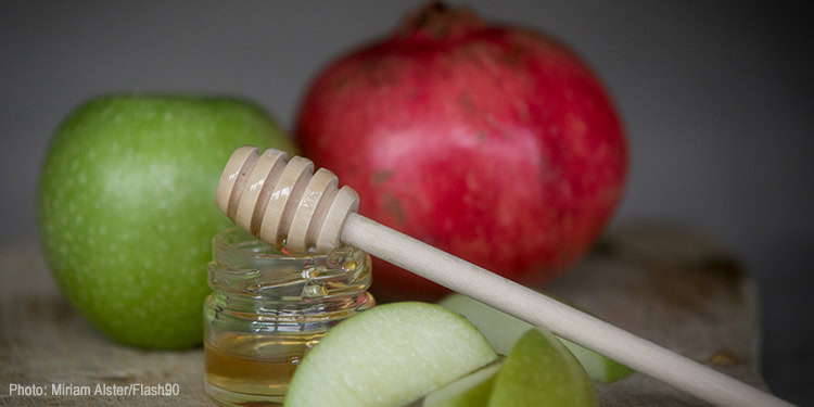 Illustration of apple, honey, and a pomegranate