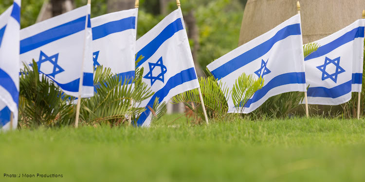 Israeli flags planted in grass