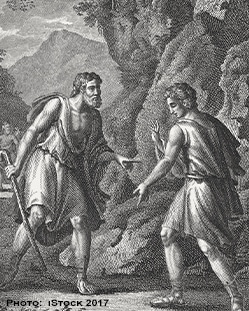 Jacob and Esau standing and talking to each other. 