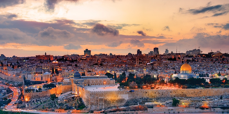 Sunset in Jerusalem overlooking the Old City. 