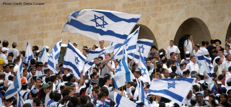 Israelis celebrating Jerusalem Day at the Western Wall in the Old City.
