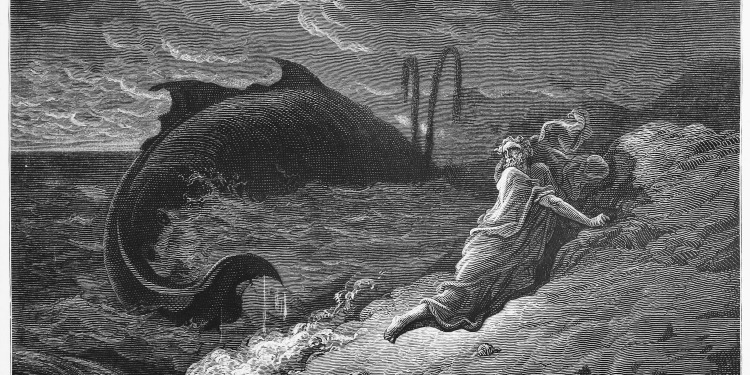 Black and white illustration of Jonah being swallowed by a whale.
