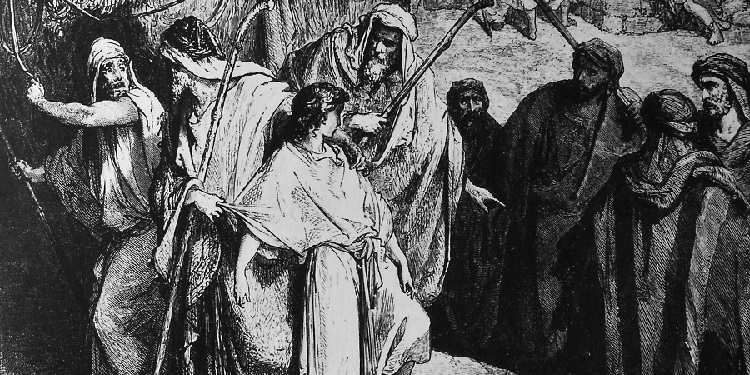 Black and white drawing of Joseph being sold by his brothers.