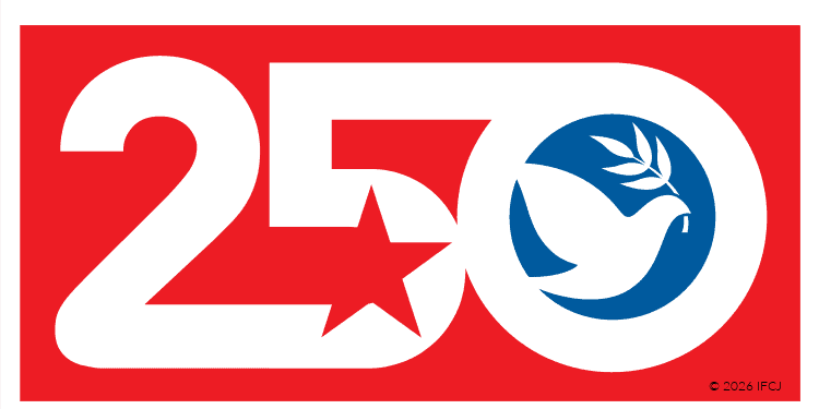 Celebrating 250 years of America with the IFCJ logo featuring a star and dove symbol.