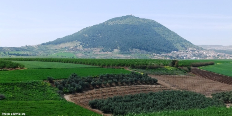 Aerial view of Mount Tabor with a grassy field in front of it.