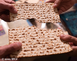 Hands breaking square piece of matzah during Passover. 