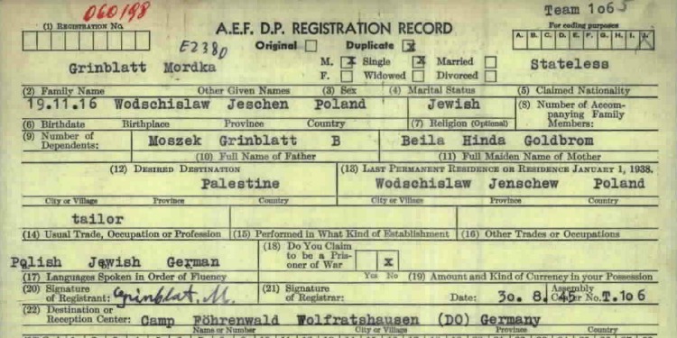 Close up image of an A.E.F. D.P. registration record card