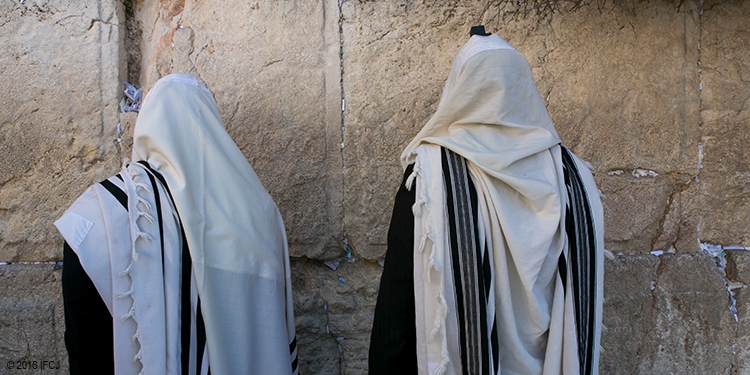 Two men in robes praying at the Western Wall.