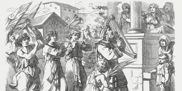 Black and white drawing of a man with a harp leading a group of men through the city.
