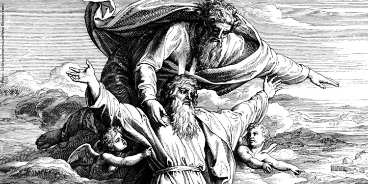 Engraving of Moses with his arms up and God above him.
