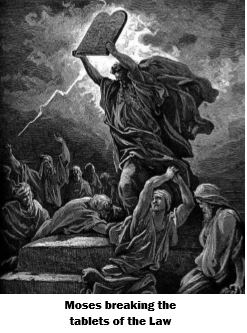 An illustration depicting Moses breaking the tablets of the Law