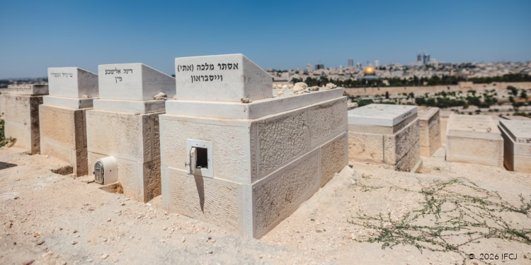A row of white stone graves at a Holocaust memorial site in Israel with a clear blue sky and distant cityscape in the background.