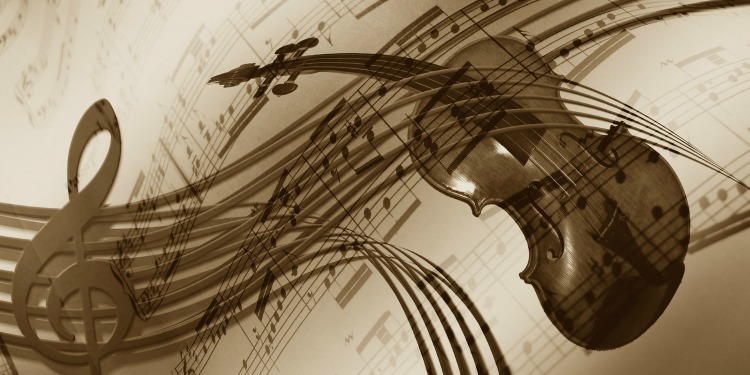 Animation of a music sheet with the treble symbol and a violin intertwined within the notes.