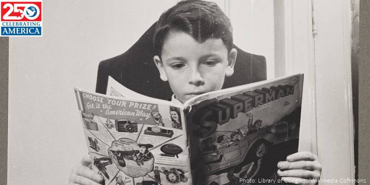 New York, N.Y. Children's Colony, a school for refugee children administered by a Viennese. German refugee child, a devotee of Superman; Photograph shows a boy reading a Superman comic book.