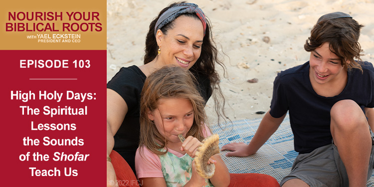 Nourish Your Biblical Roots Episode 103 promo featuring Yael and two of her children sitting on a beach.